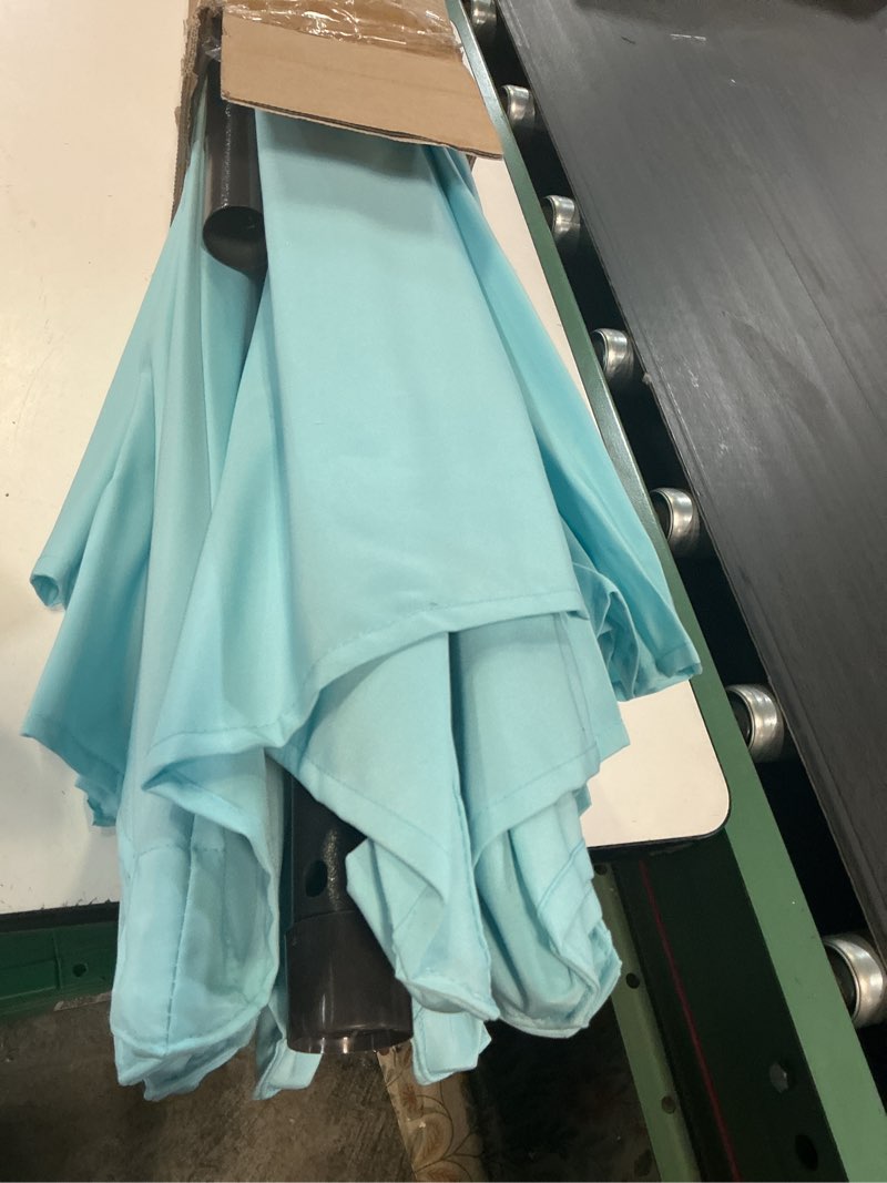 Condition photo showing Good Condition for blissun 9' outdoor patio umbrella, outdoor table umbrella, yard umbrella, market umbrella with 8 sturdy ribs, push button tilt and crank pale turquoise