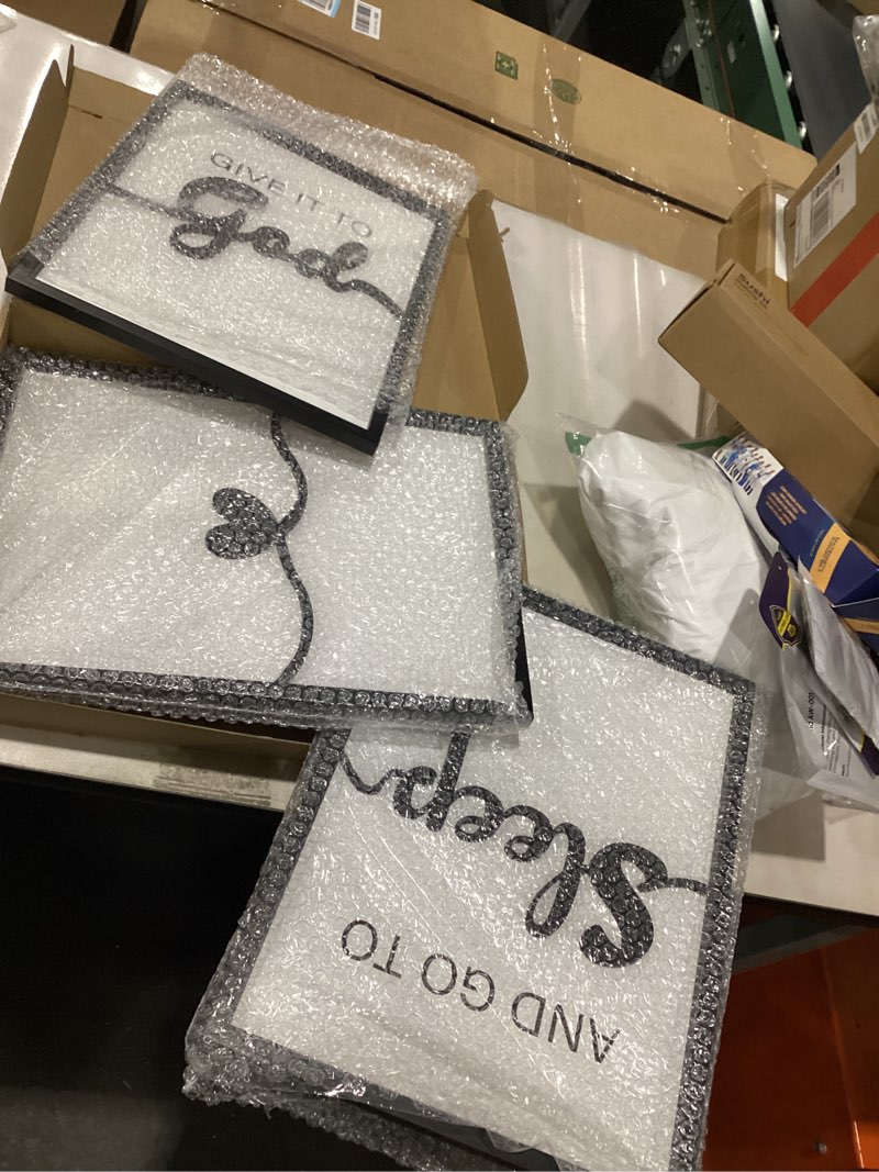 Condition photo showing New/Like New for 3D Wood Give it to God and Go to Sleep Signs 36x16”, Above Bed Wall Decors, Black And White 3D Bedroom Wall Art (12x16 inches, Set of 3, Framed) 12x16IN-Give it to God