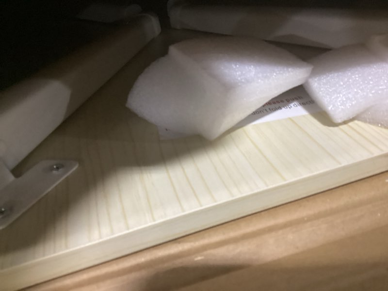 Condition photo showing As Is for Folding Lap Desk for Bed, 23.6 Inch Portable Laptop Stand for Couch, Bed & Floor | Bed Tray Table for Eating, Writing, Reading | Foldable Sturdy Laptop Desk for Adults, Oak White Oak