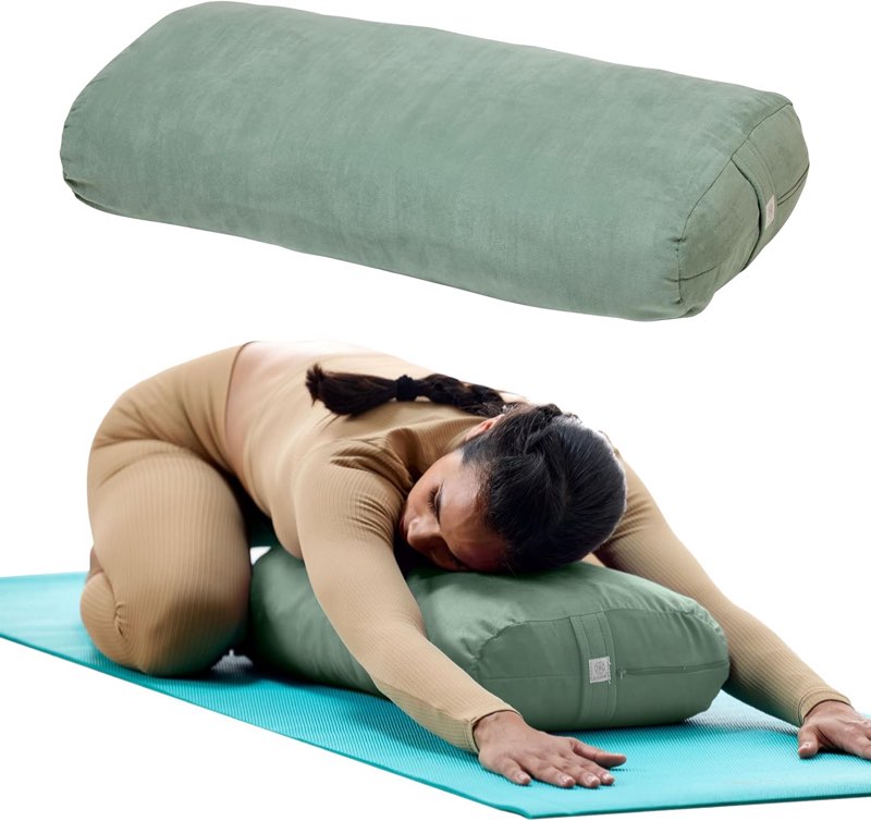 gaiam round yoga bolster pillow, soft meditation cushion for yoga, massage and back support, breathable cotton fill, zippered microfiber cover, easy-carry handle, machine washable green
