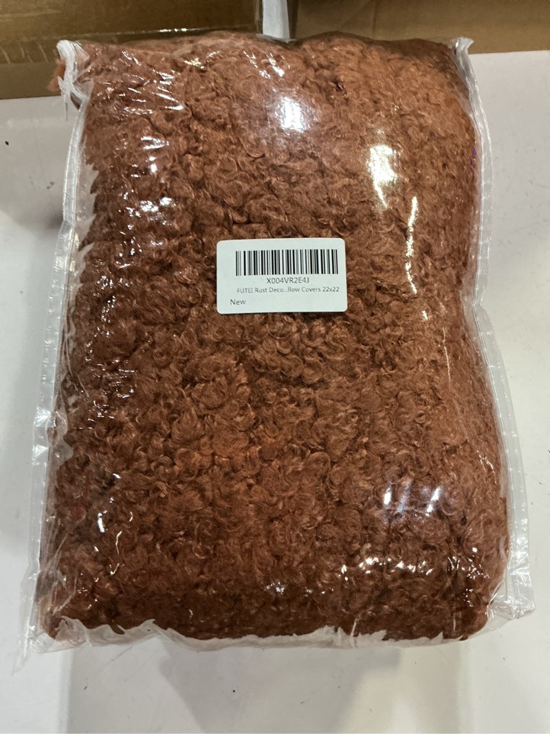 Condition photo showing New/Like New for futei pack of 2 decorative throw pillow covers 22x22 inch,soft fluffy faux wool fur boucle textured cushion case,modern home decor for couch bed living room office,rust rust 22" x 22" (pack of 2)