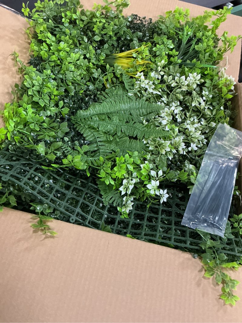 Condition photo showing Good Condition for 4 PCS 20''x20'' Artificial with White Florets Topiary Hedge Plant Privacy Screen Faux Ivy Wall Décor for Indoor Outdoor Wall Garden Fence Backyard 4 20''x20''With White Florets