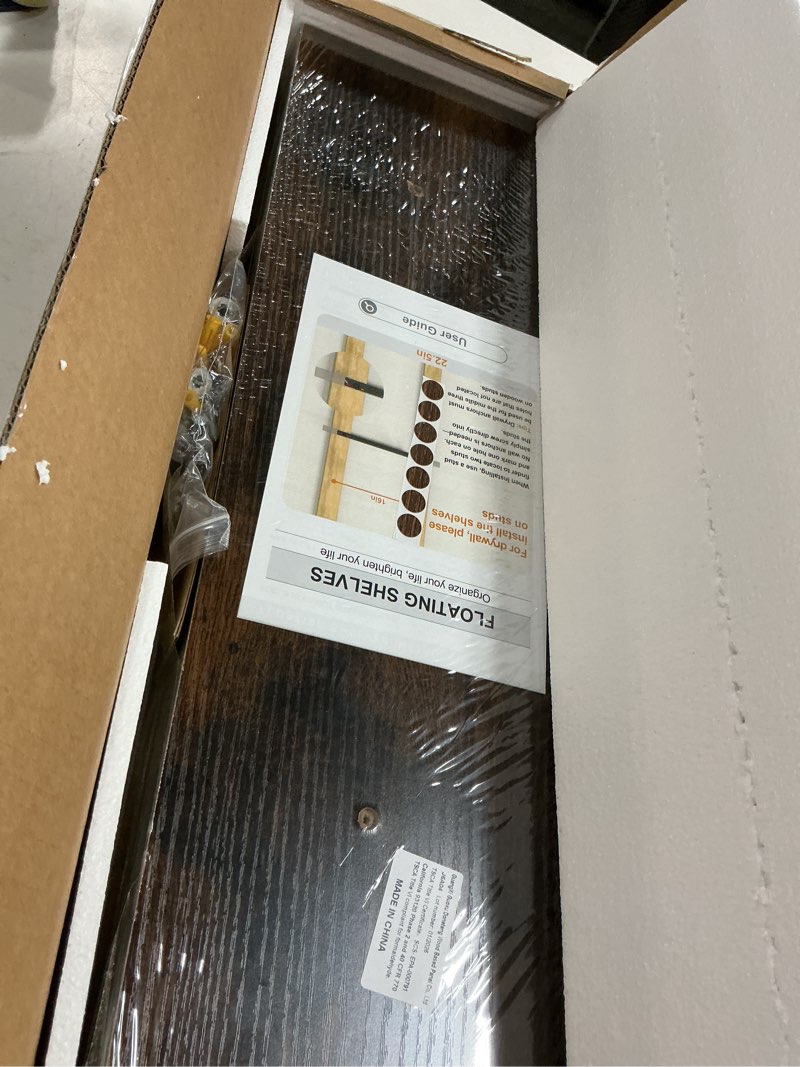 Condition photo showing New/Like New for bayka floating shelves set of 2, 22.5 inches farmhouse rustic wood wall mounted shelves for bathroom, bedroom, living room or kitchen, hanging shelf decor book with 22lbs capacity, rustic brown b. rustic brown - americana farmhouse style 22.5inches