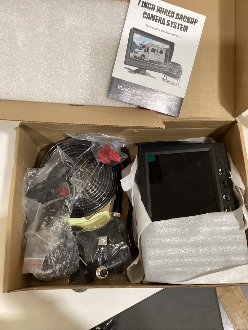 Condition photo showing Good Condition for rv backup camera system with front & rear view camera, 7'' split screen for rv truck trailer camper, 1080p hd dvr loop recording, plug & play, night vision, ip69 waterproof, wide angle, 32gb sd card