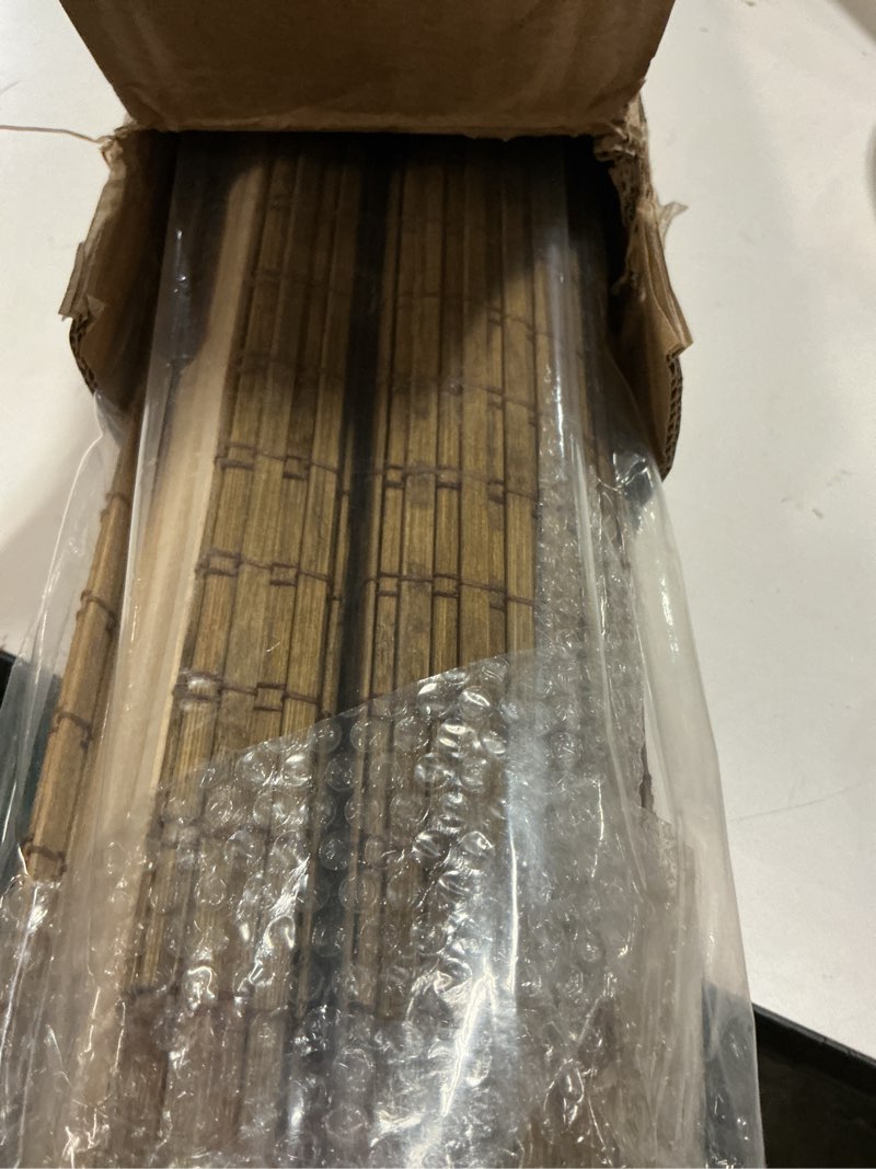 Condition photo showing Good Condition for lazblinds cordless bamboo roman shades, privacy blinds for interior windows, room darkening roll up bamboo blinds for home & patio, 20" w x 64" h, highfield teak pricacy - highfield teak 20" w x 64" h