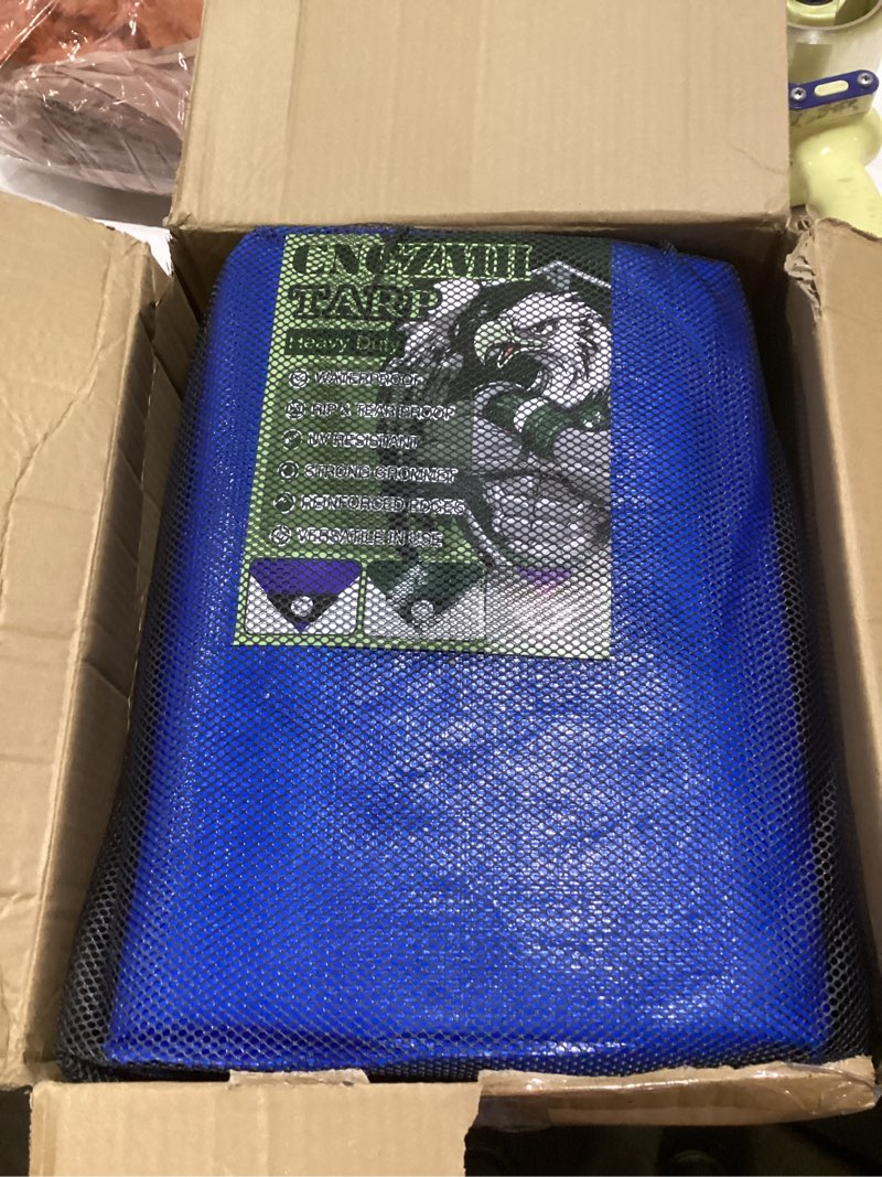 Condition photo showing New/Like New for tarp heavy duty waterproof 12x16 feet, 10 mil thick blue poly tarps outdoor, metal grommets, reinforced edges, multipurpose tarpaulin protective cover for camping, boat, swimming pools, car blue 12x16ft