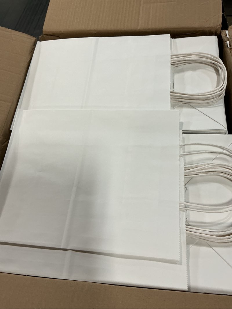 Condition photo showing New/Like New for joybe 200 pack 8x4.75x10 inch medium white kraft paper bags with handles bulk, craft paper gift bags for party favors grocery retail shopping business goody merchandise take out blank sacks (200pcs)