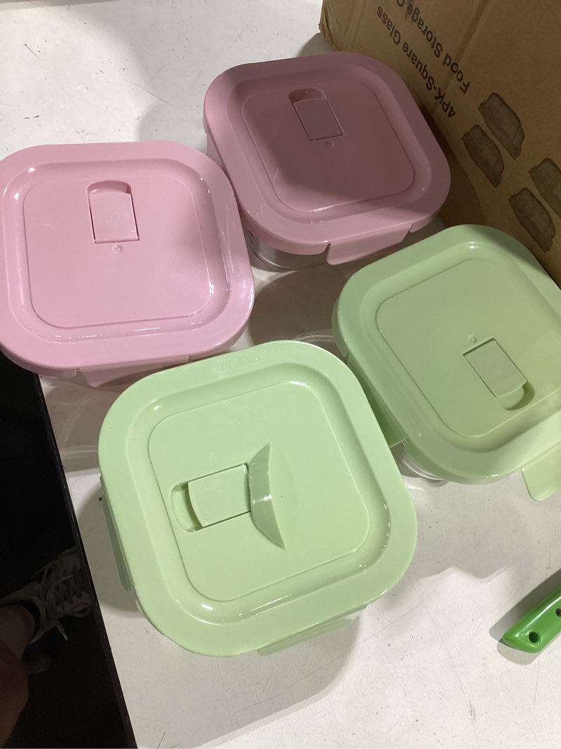 Condition photo showing As Is for square 2cup glass food storage containers with airtight lids, 16oz glass meal prep containers, square food bowl for lunch, fruit, snack, dishwasher microwave freezer safe (pink+green) pin+green