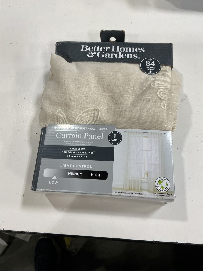Condition photo showing New/Like New for better homes & gardens embroidered botanical sheer single curtain panel papyrus beige 50 x 84