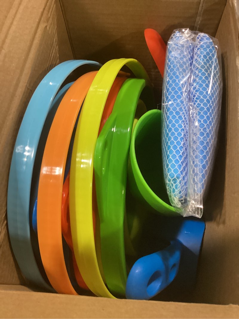 Condition photo showing Good Condition for joyin 3 packs foldable pail bucket with shovels & mesh bag, collapsible buckets multi purpose for beach, camping gear, beach party, fishing, and fun summer activities (orange/blue/green)