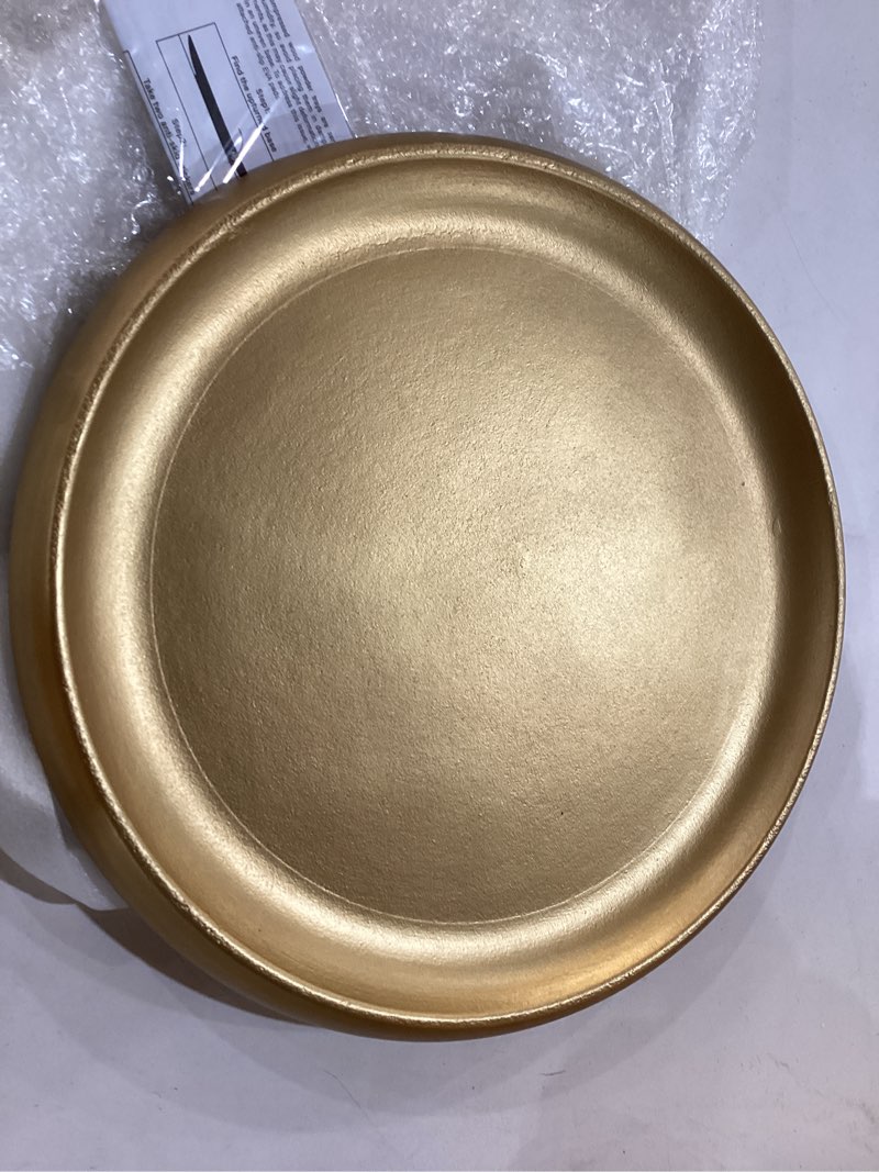 Condition photo showing New/Like New for DN Decoration14 Inch Large Gold Decorative Tray, Round Wooden Trays for Home Decor, Coffee Table Trays Decor for Perfume, Jewelry, Living Room, Table Centerpiece, Bathroom, Ottoman 14" Shiny Gold 14.5"