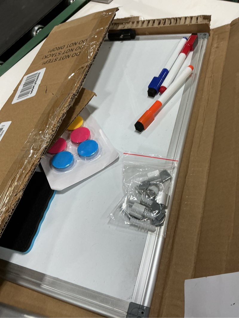 Condition photo showing As Is for walglass double-sided white board, 16" x 12" small dry erase board magnetic whiteboard for wall, hanging mounted whiteboard silver aluminium frame for home, school, office, kitchen