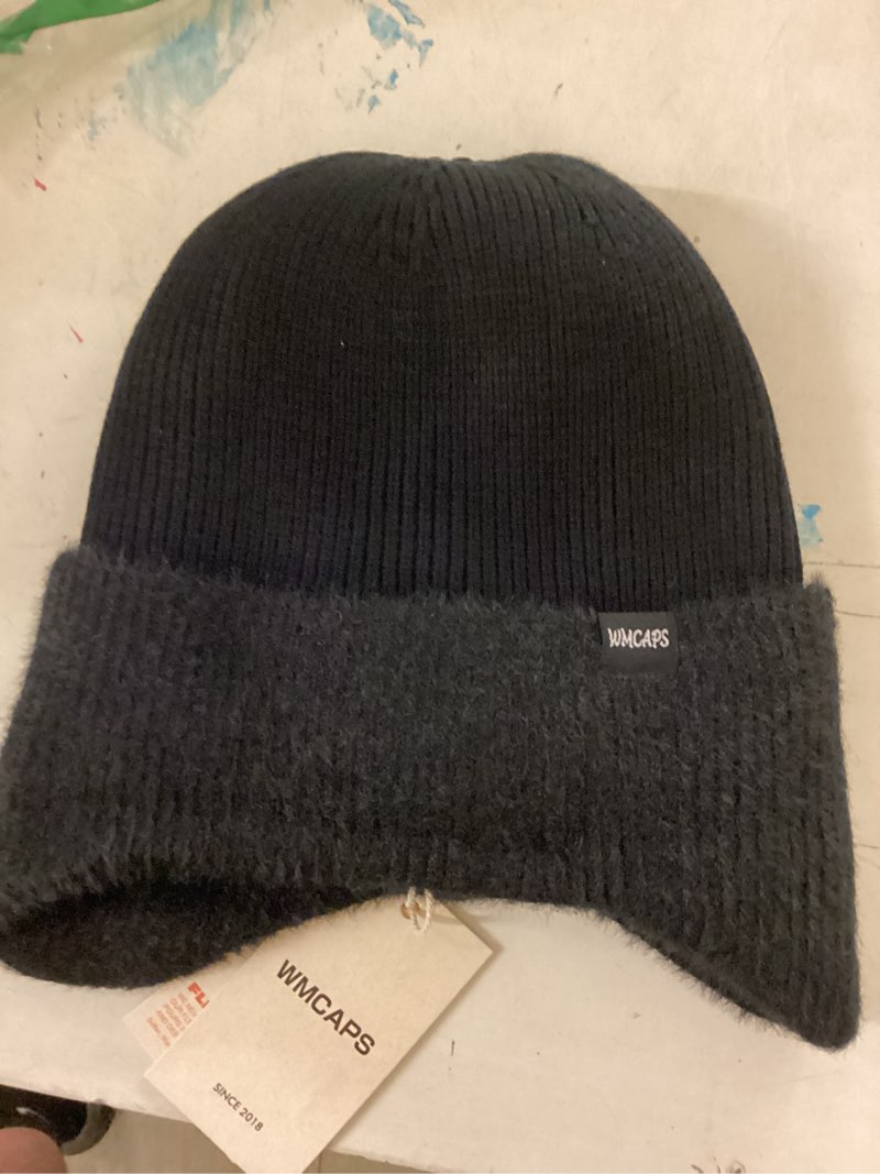 Condition photo showing New/Like New for wmcaps winter fleece line beanie with earflap for men women, outdoor warm thermal knitted hat stocking caps navy blue/black