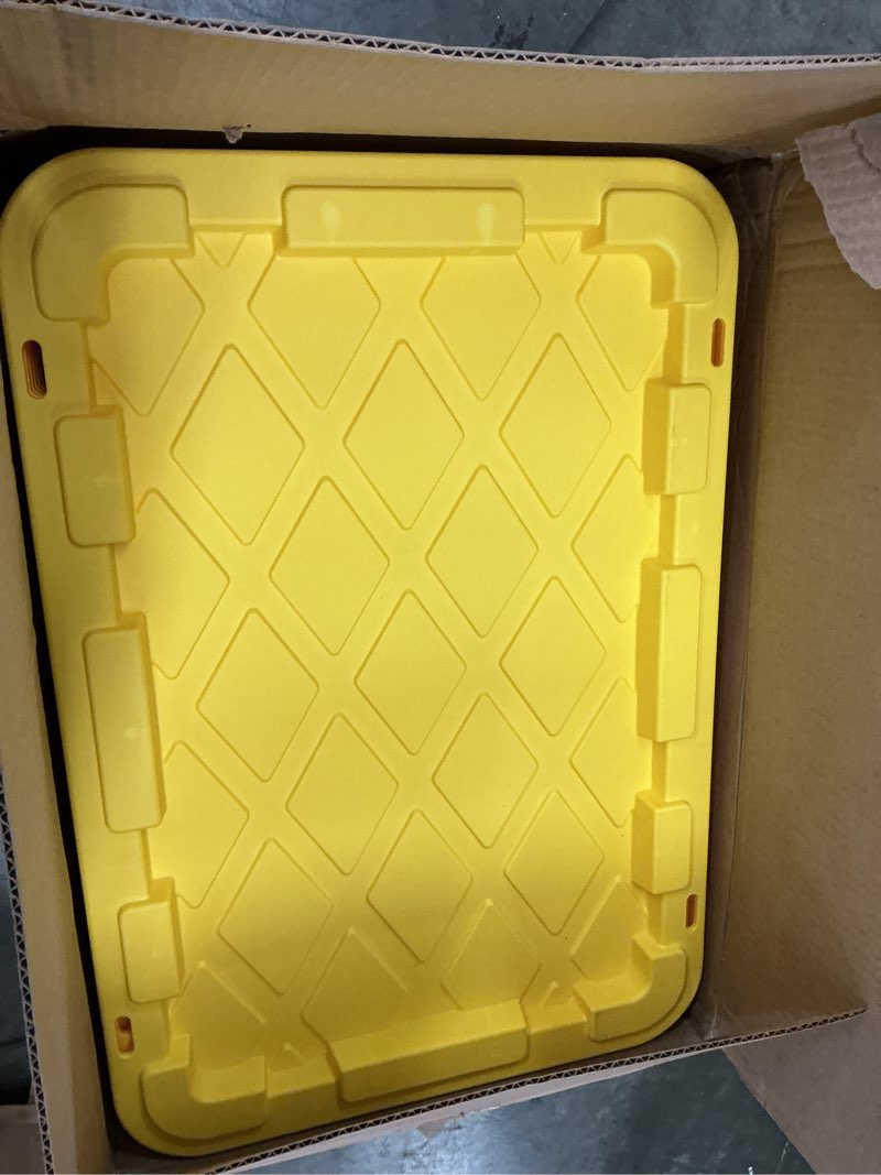 Condition photo showing As Is for sterilite large storage bin, 27 gallon durable plastic storage tote with snap-on lid, black and yellow, 6 pack