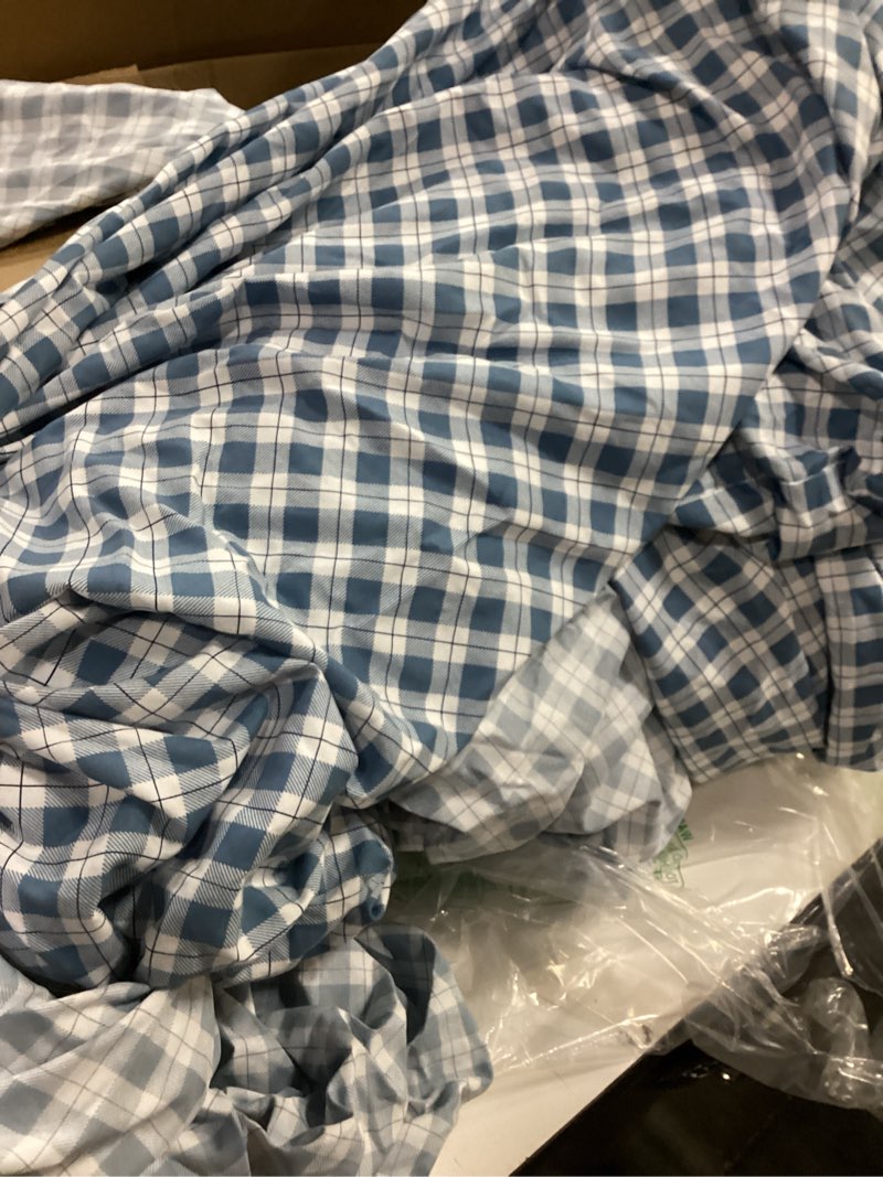 Condition photo showing As Is for (size unknown, similar pattern to stock photo) blue-navy-white plaid cotton sheet set