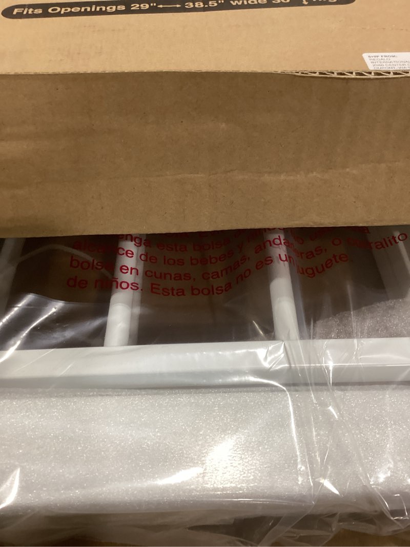 Condition photo showing Good Condition for regalo safety 38" baby gate for doorways & bottom of stairs, pressure mount design for babies, toddlers & pets, tested & safe for 30 years, american designed, american owned, white white 29-38.5"w x 30"h
