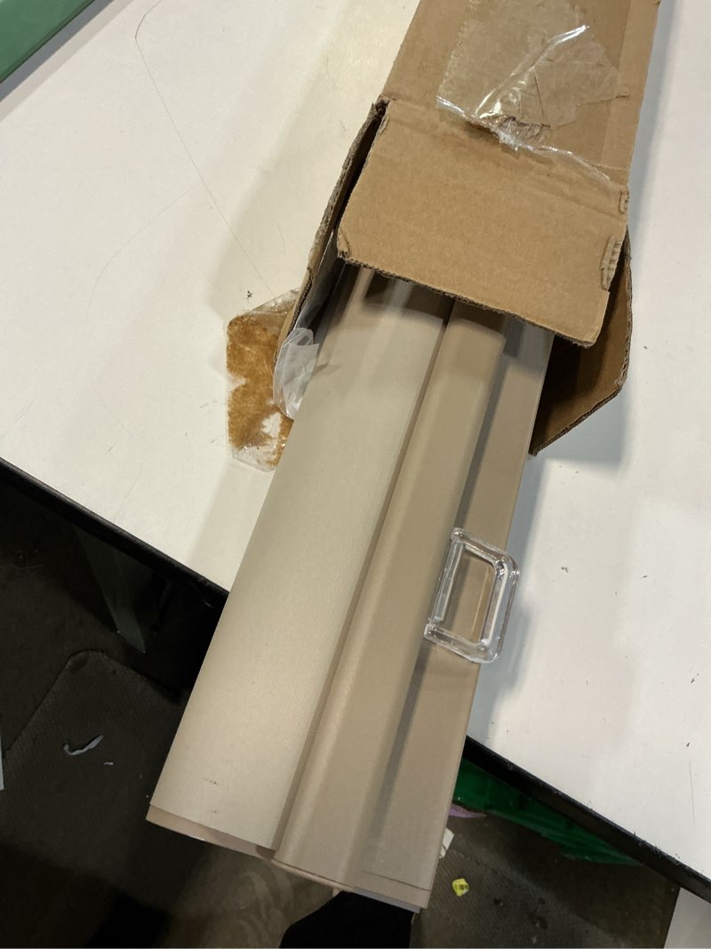 Condition photo showing As Is for hestia no drill cordless blackout roller shades screwless waterproof shower window blinds, auto-retraction easy install blind for bathroom/kitchen/office/exterior, greige, 34.5" w x 72" h 34.5"w x 72"h greige