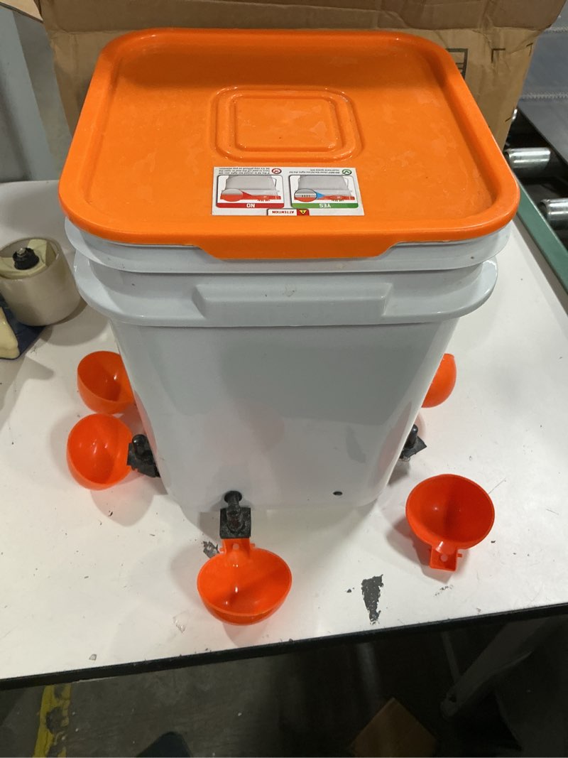 Condition photo showing As Is for 5-gallon/44 pounds automatic chicken feeder & waterer set(2 buckets), chicken feeder port & water cup no waste, rain proof poultry feeder, avoid small animals suitable for chicken, duck, turkey