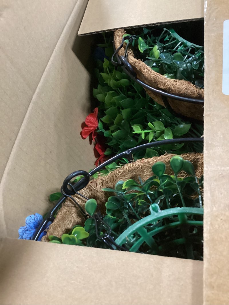 Condition photo showing New/Like New for 2 sets red white and blue flowers porch decor 4th of july artificial outdoor flowers with hanging basket patriotic 250th anniversary independence day faux flower for front porch patio decor