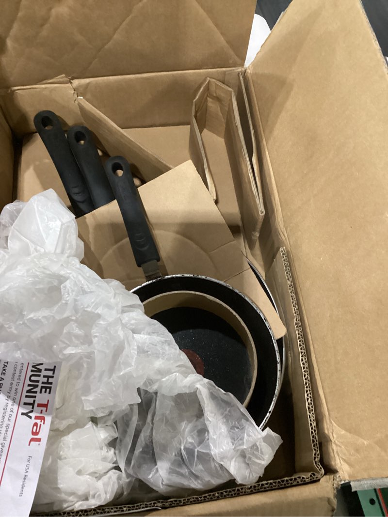 Condition photo showing As Is for t-fal experience non stick fry pan set 3 piece, 8, 10.25, 12 inch induction oven broiler safe 400f, cookware, kitchen cooking set, pots and pans, skillets, frying pans, dining, dishwasher safe, black induction non-stick 3-piece cookware set