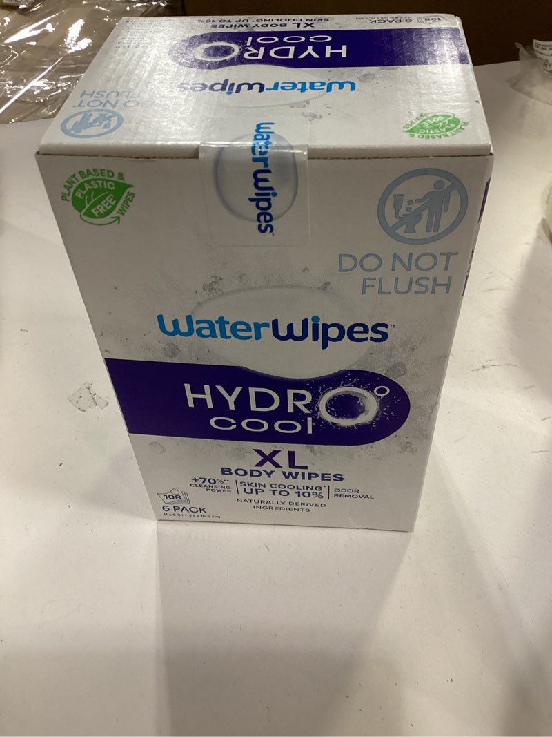 Condition photo showing New/Like New for (EXP.08/2027) WaterWipes HydroCool Cooling Wipes, XL Body Cleaning Wipe, Stay Fresh & Cool On-the-Go Instant Skin Cooling, Odor & Sweat Removal, Ideal for Gym, Travel & Outdoor Use, 108 Count (6 Pack)