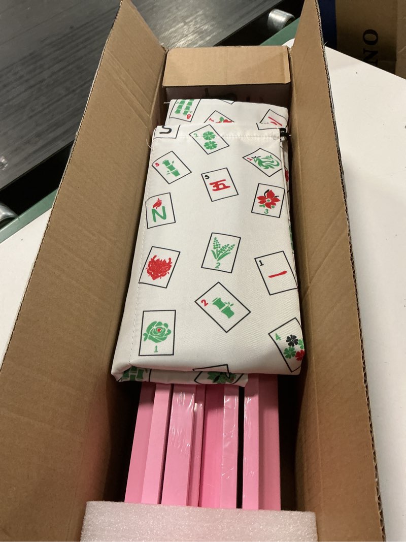 Condition photo showing Good Condition for mahjong racks with pushers, pink wooden american mahjong tile pushers and racks set of 4, with white printed mahjong racks drawstring bag, mahjong accessories (19.68 inches)