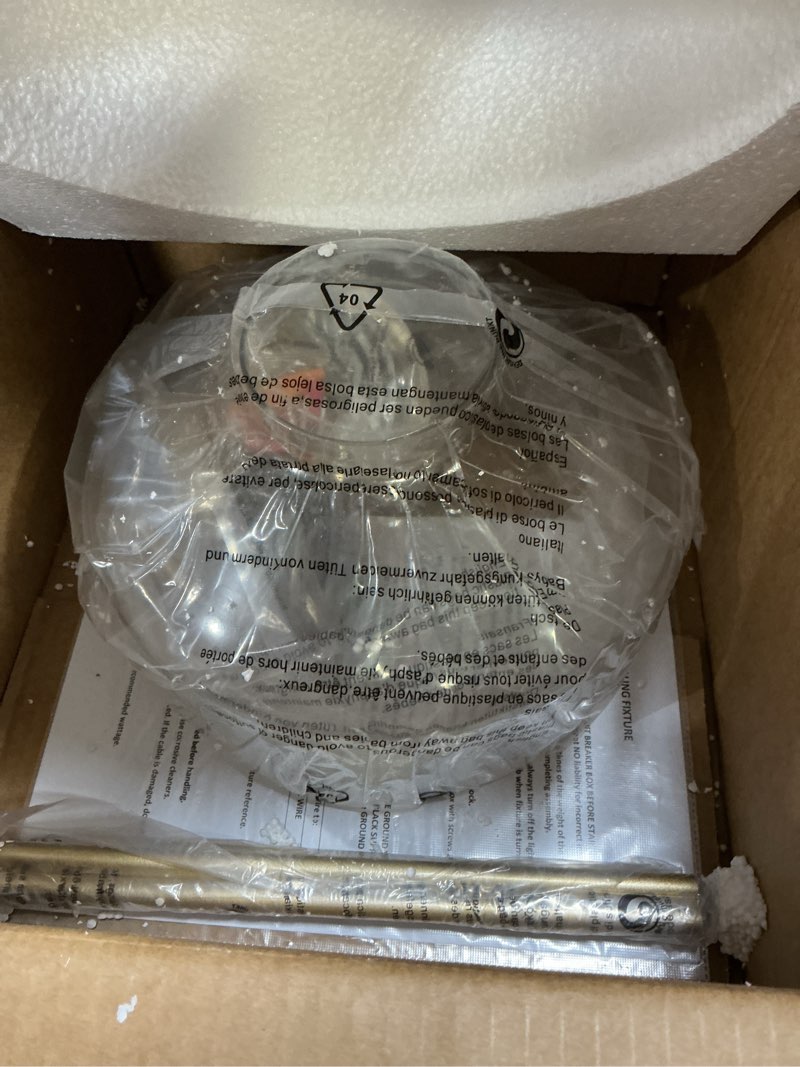Condition photo showing Good Condition for wuzups chandelier rustic farmhouse industrial round ceiling pendant led light fixture with clear glass shades for dining room kitchen island foyer entryway, h 9.4" x w 10.6", e26 base, gold