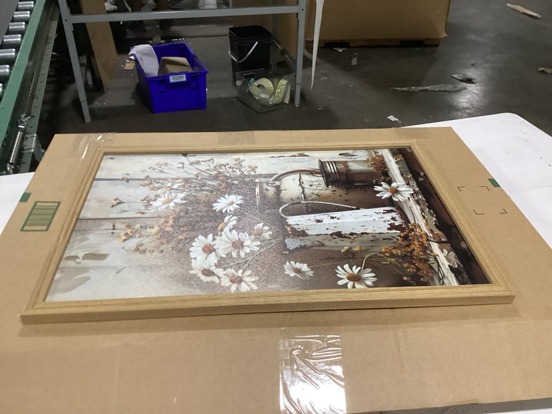 Condition photo showing Good Condition for country wall art, farmhouse pictures wall decor, rustic daisy canvas prints, rusty watering can art paintings, vintage floral artwork for living room hallway kitchen bathroom decor, framed 16x24 in daisy 1 framed 24"l x 16"w