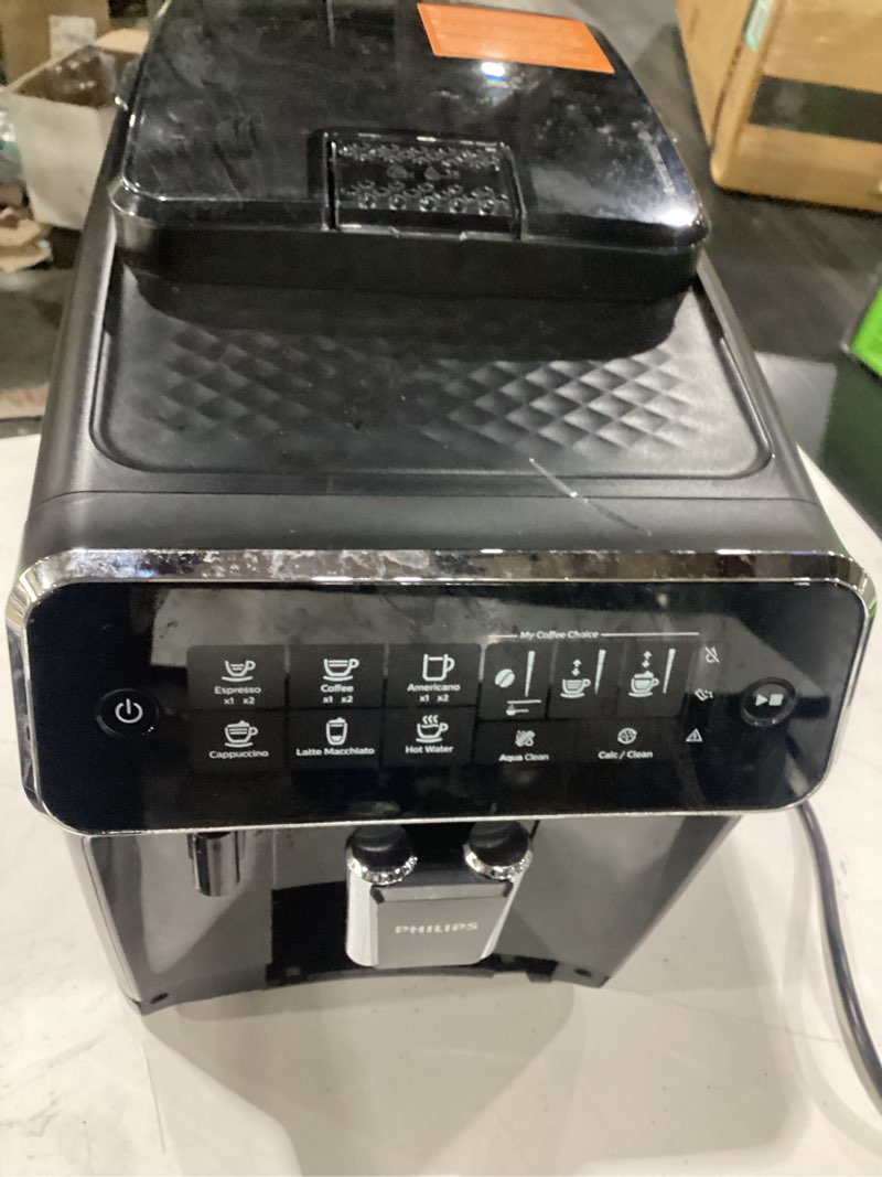 Condition photo showing As Is for **untested** philips 3200 series fully automatic espresso machine, lattego milk frother, 5 coffee varieties, intuitive touch display, 100% ceramic grinder, aquaclean filter, my coffee choice, black (ep3241/54)