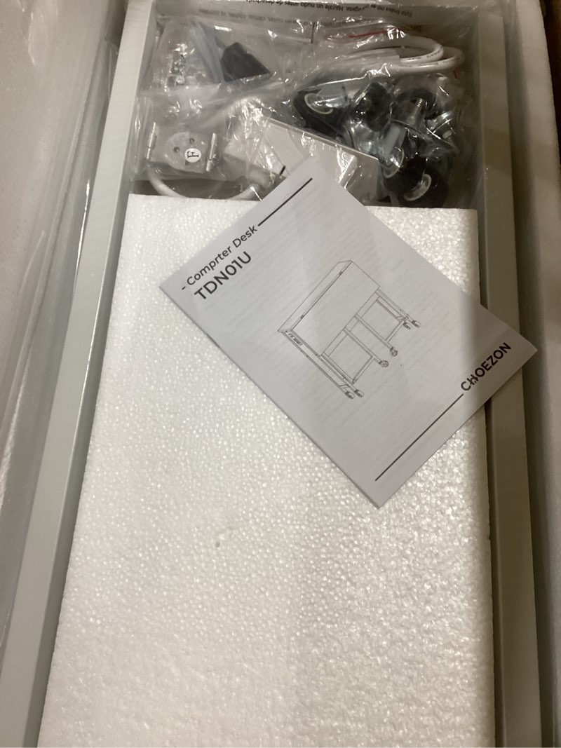 Condition photo showing New/Like New for 31.5" Modern Folding Computer Desk with Power Outlets, Wheels, Storage, Perfect for Small Spaces Rustic Brown and White TDN01UWL