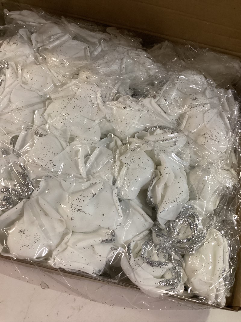 Condition photo showing Good Condition for Silver Glitter White Roses 100pcs Stemless White Fake Foam Roses with Silver Glitter Flowers 2.56" Artificial Roses for DIY Craft Baby Shower Centerpieces Wedding Flower Decor (White)