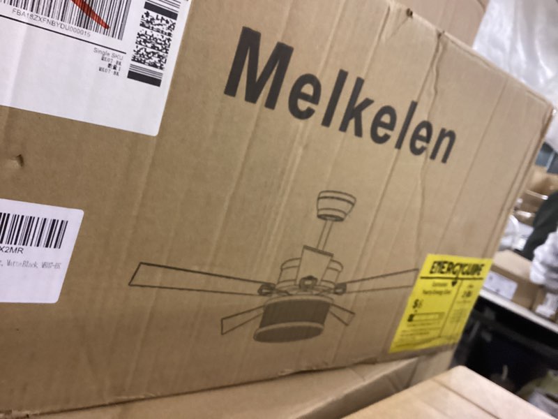 Condition photo showing New/Like New for Melkelen Farmhouse Ceiling Fans, 52 Inch Ceiling Fans with Lights and Remote Control, Rustic Barnwood Blades, Industrial Cage Light, Matte Black (MK03-BK)