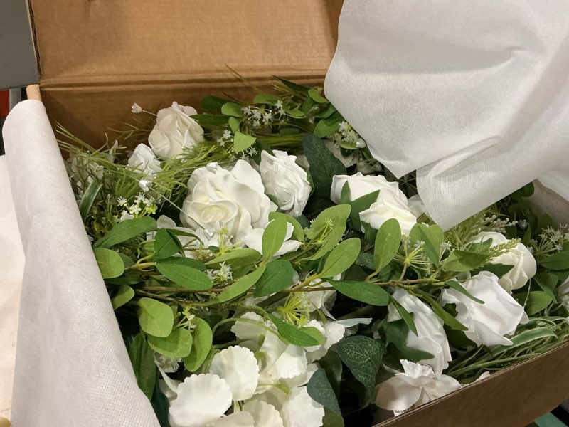 Condition photo showing Good Condition for Ling's moment 41.0" Tall Free-Standing Wedding Aisle Artificial Flowers for Ceremony Decor, 2PCS White Walkway Floral Chair Markers, Faux Rose Altar Arch Arrangement Spring Decorations Outdoor Wht-white & Lily & Olive 41" Tall x 22" Cross
