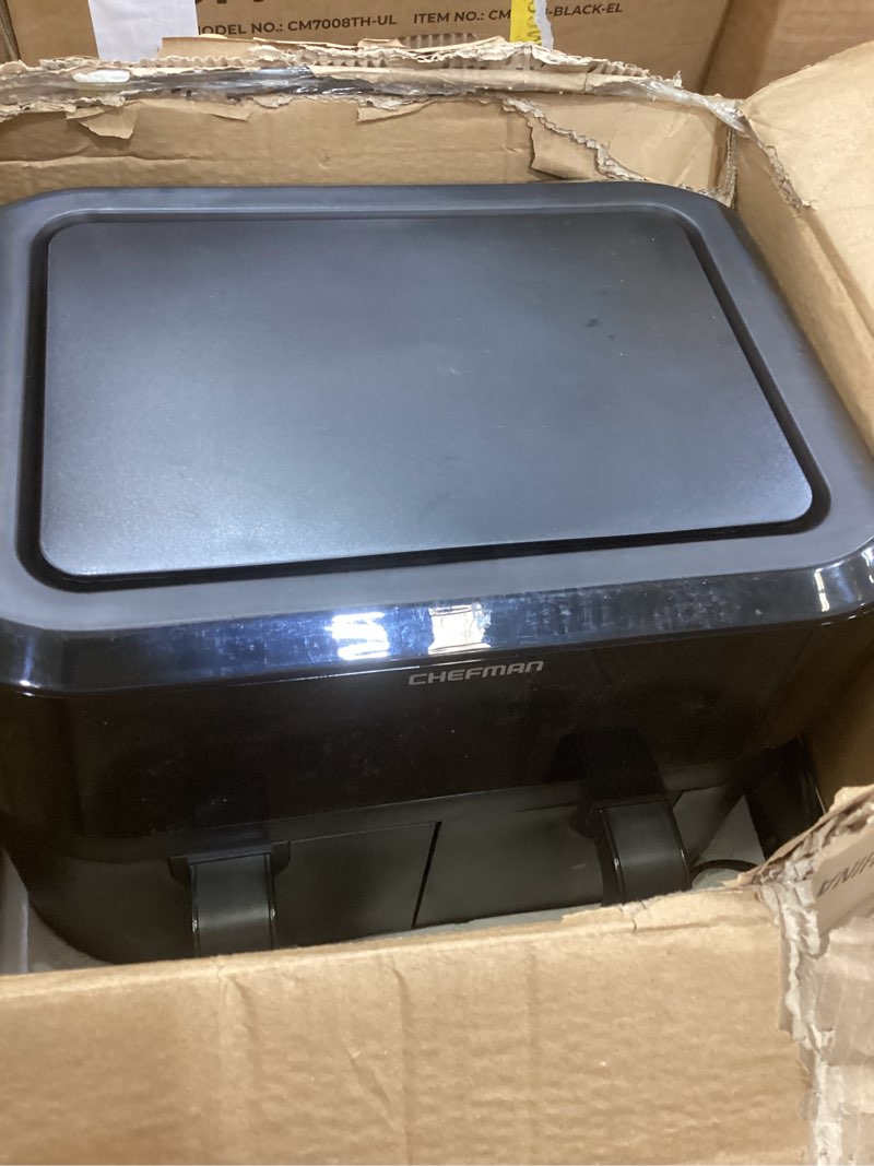 Condition photo showing As Is for chefman turbofry touch dual air fryer, maximize the healthiest meals with double basket capacity, one-touch digital controls and shake reminder for the perfect crispy and low-calorie finish 9 quart - no window