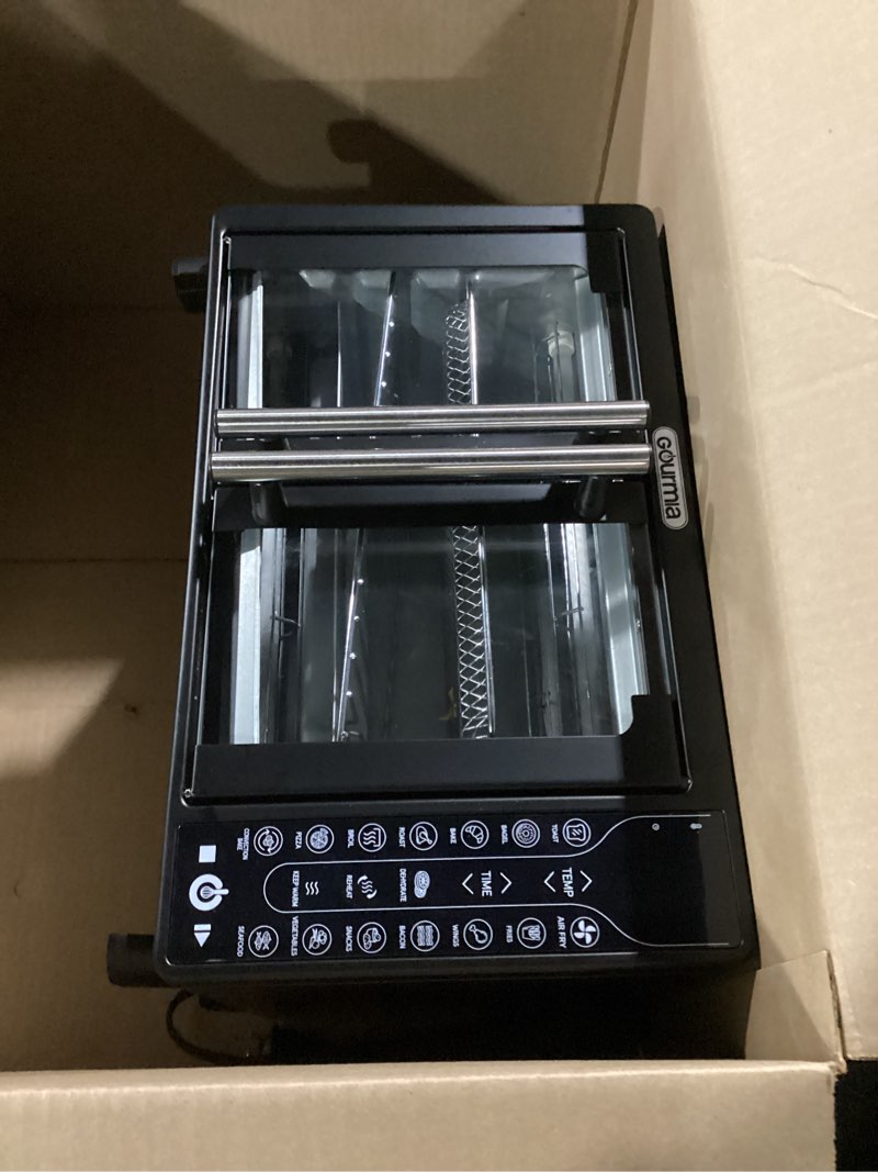 Condition photo showing Good Condition for Gourmia French Door Air Fryer – 25 Qt Large Capacity Convection Oven, Fryforce 360°, Digital Display with 17 Cooking Presets, Bake, Toast, Roast, Dehydrate, Fits 12” Pizza