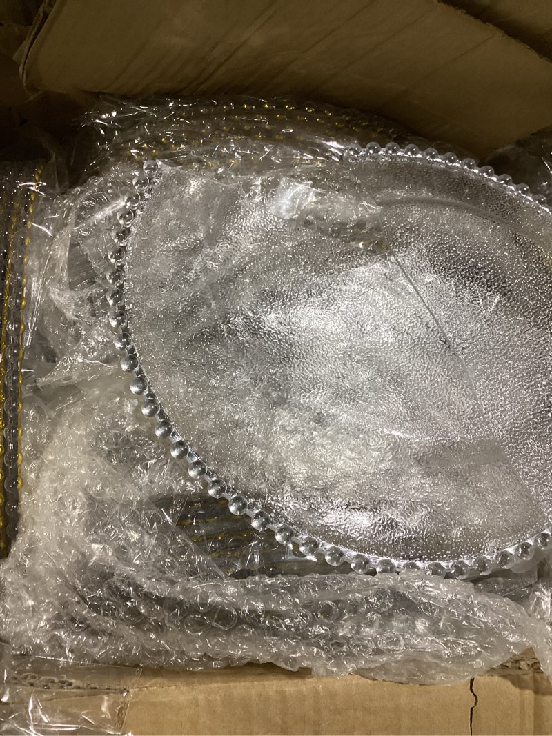 Condition photo showing As Is for hoolerry 50 pack clear charger plates bulk 13 inch plastic round beaded dinner chargers acrylic frosted grain decorative service plates for wedding party event, home and kitchen tabletop (gold) 50 gold