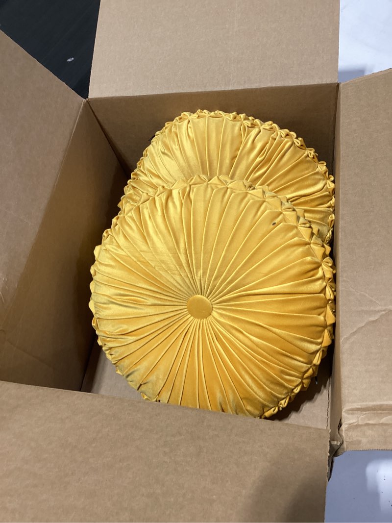 Condition photo showing Good Condition for round throw pillow set of 2 – decorative velvet ruched pumpkin pillows with button center, soft handmade cushions for couch sofa bed farmhouse vintage rustic decor, 14.5" r, yellow yellow 14.5r