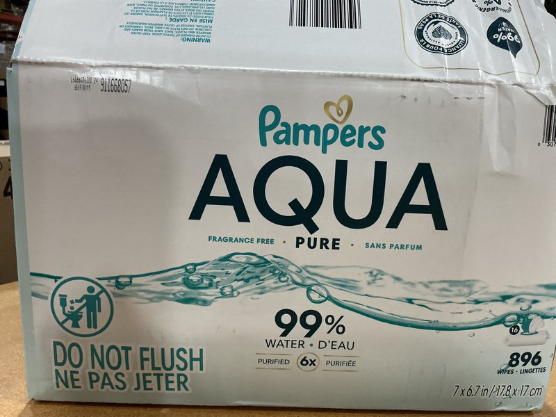 Condition photo showing New/Like New for pampers aqua pure baby wipes, 99% water, fragrance free, 896 baby wipes total (16x flip-top packs) [packaging may vary] 56 count (pack of 16)