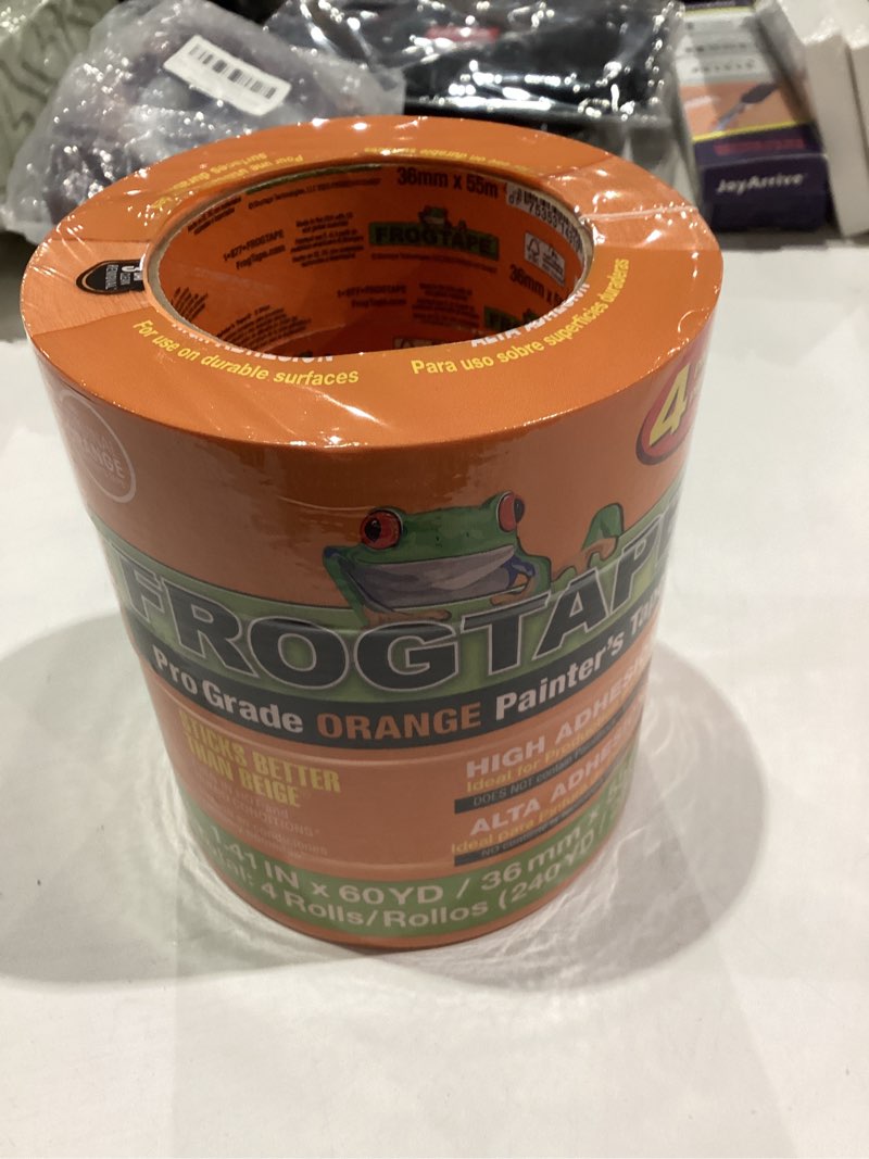 Condition photo showing New/Like New for FrogTape ProGrade Orange Painters Tape, 1.5 Inch Wide (1.41 In. x 60 Yds), High Adhesion, Paint Tape for Indoor & Outdoor Applications, Orange, 4 Rolls (242808)