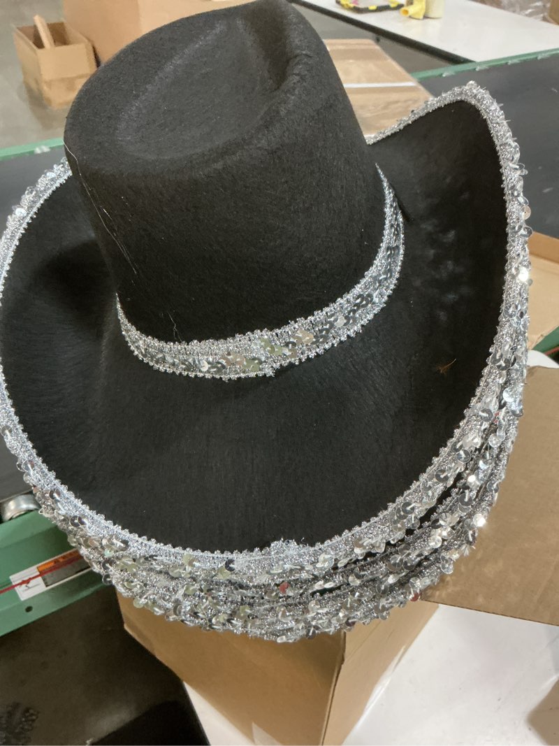 Condition photo showing Good Condition for hercicy 6 pack western cowboy hats with rhinestone tassel bands sequin trim sparkly cowgirl party hats for adults women men black sequin