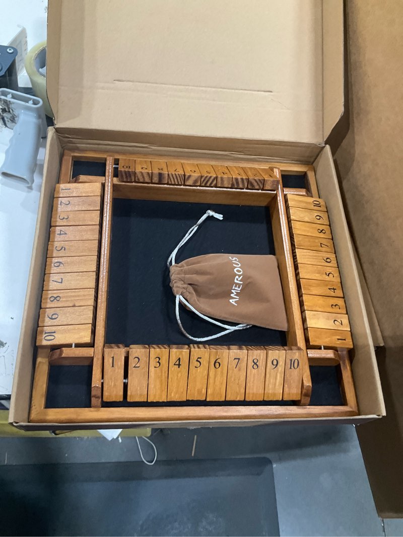 Condition photo showing Good Condition for amerous 1-4 players shut the box dice game, wooden board table math game with 12 dice and shut-the-box instructions for kids adults, family classroom home or pub (12 inches)
