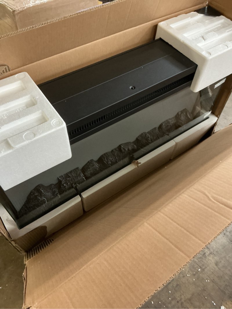 Condition photo showing Good Condition for ((incomplete only electric fireplace))oneinmil 80'' fireplace tv stand with 3-sided glass, tv cabinet for tvs up to 85\", 80'' modern media entertainment center with farmhouse glass door storage cabinets, black