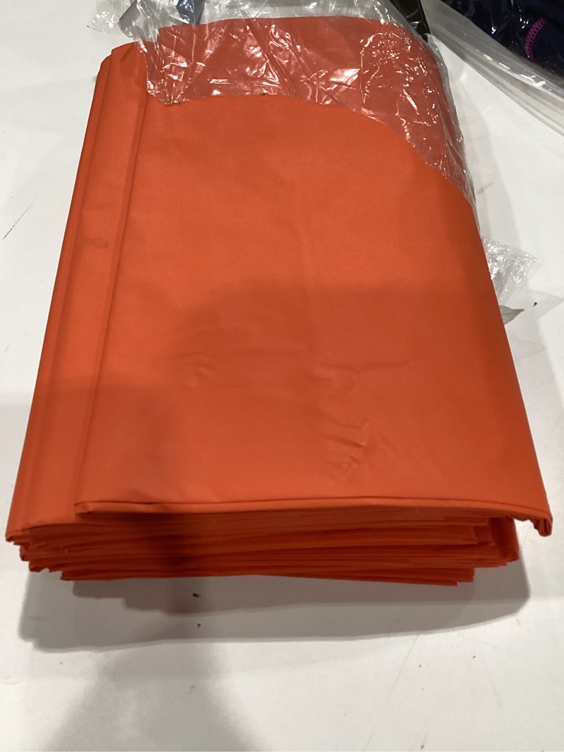 Condition photo showing Good Condition for exquisite orange plastic table cloth disposable 12 pack, 54 x 108 inch | disposable, waterproof table cover for parties, birthdays, weddings, graduations, picnics and bbqs; fits 6-8 ft tables orange 54in. x 108in. rectangle