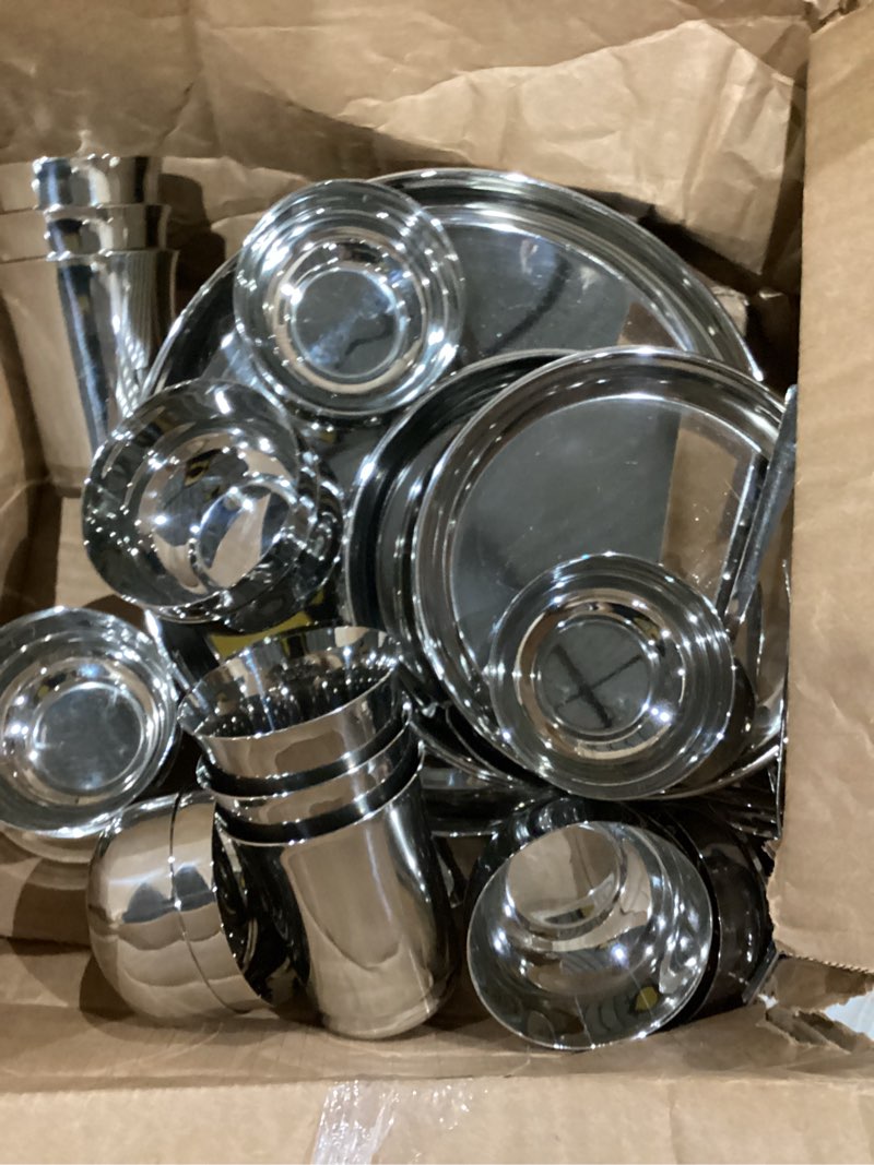 Condition photo showing Good Condition for 48 Pieces Dinner Set, Stainless Steel Dinnerware Set, Service for 6 (Full Plates, Quarter Dishes, Bowls, Tumblers) Metal Reusable set for Home, Kitchen, Camping, Dishwasher Safe