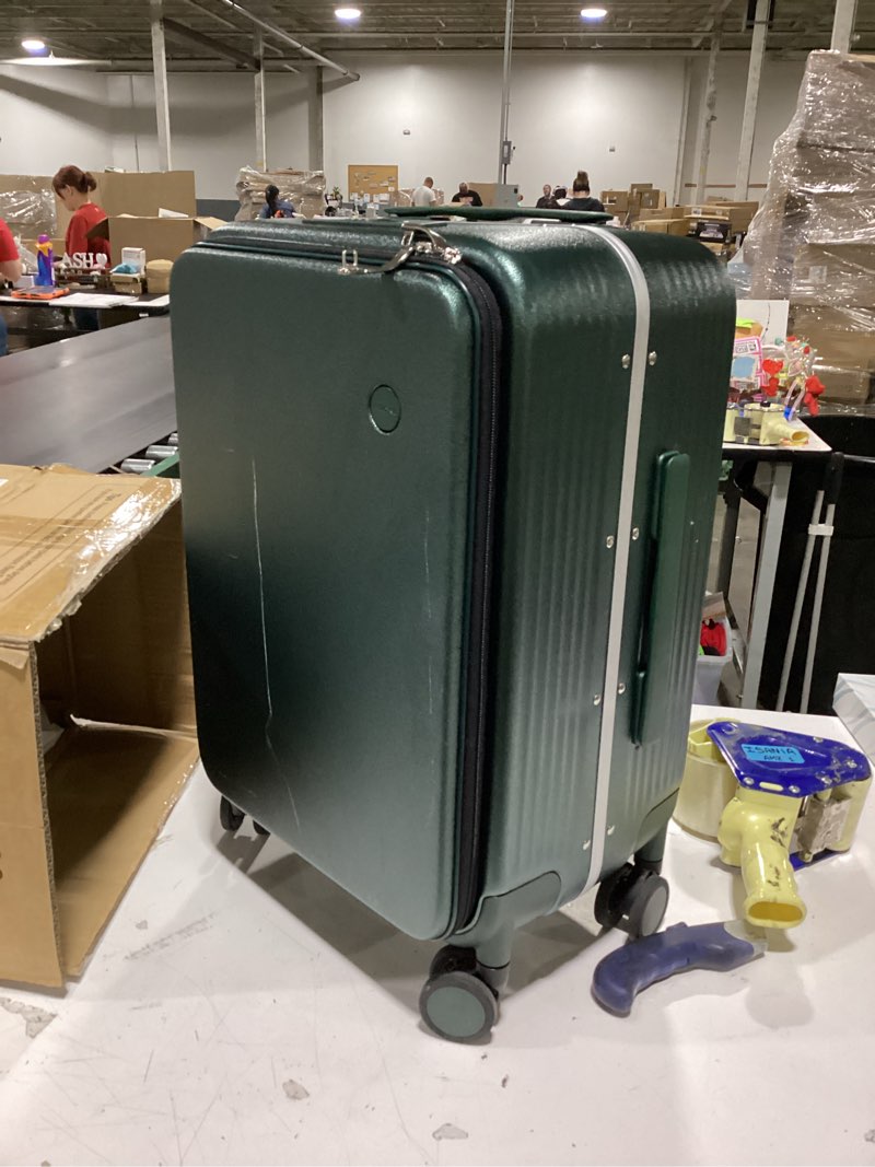Condition photo showing As Is for mixi checked luggage with cup phone holder and charger hard shell suitcases with spinner wheels, 24 inch blackish green