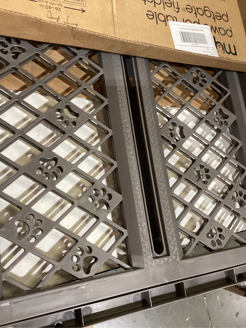 Condition photo showing As Is for mypet north states paws portable pet gate: 26-40" wide. pressure mount. no tools needed. made in usa, 23" tall, expandable, durable dog gates for doorways, fieldstone gray