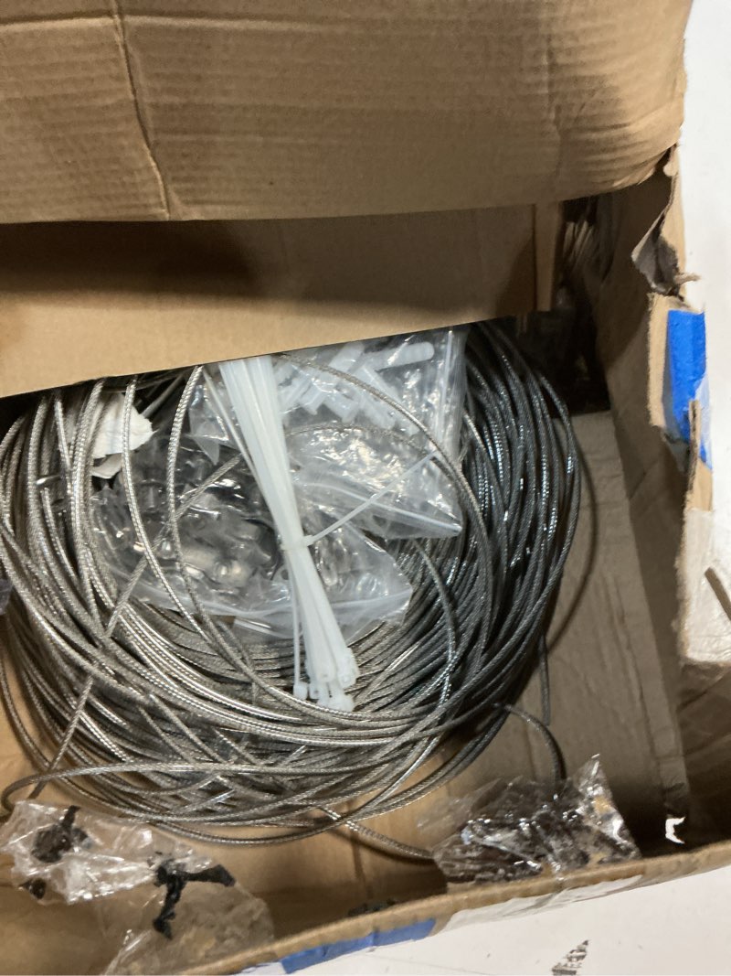 Condition photo showing As Is for globe string light suspension kit, outdoor light guide wire, vinyl coated stainless steel steel cable?include 50ft transparent pvc and 304 stainless steel wire cable, turnbuckle and hooks 50ft blue rope 1