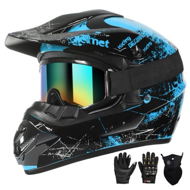 SPARK Dirt Bike Helmets Kids Motorcycle Helmet Youth ATV Motocross Full Face Men Women Off-Road Mountain Bike Helmet Adult with(Gloves Goggles Mask) DOT Approved 4Pcs Set (Blue, X-Large)