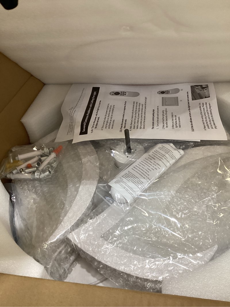 Condition photo showing Good Condition for 32" White Ceiling Fan with Light Remote Control, Modern Geometric Ceiling Fan with Lights, 6 Speeds 3 Light Color Low Profile Ceiling Fan for Kitchen Bedroom 32"-Reversible-White