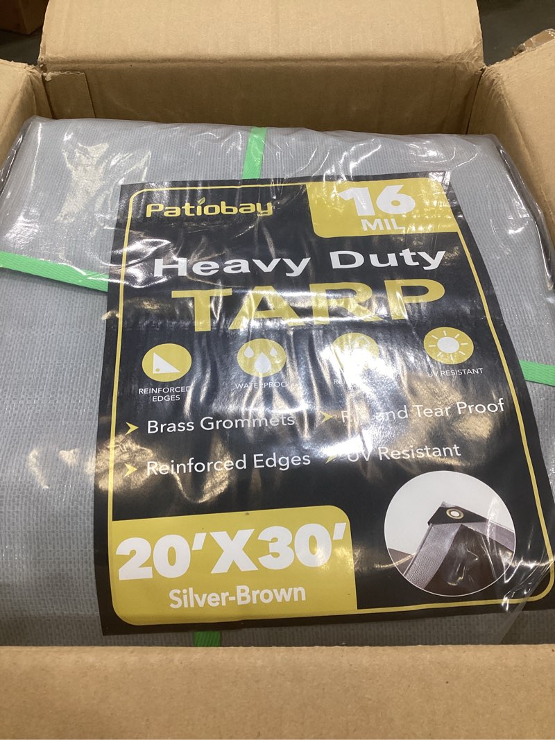 Condition photo showing As Is for tarp 20x30ft, 16 mil large tarp, waterproof tarps heavy duty with grommets every 23.6", thick plastic tarp, uv resistant tear&fade resistant, reinforced edges for outdoor pool camp tent 16mil 20x30